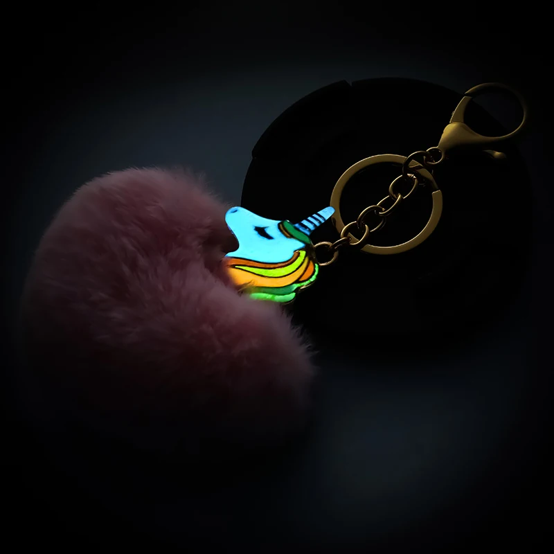 

1Piece Alloy Luminous Unicorn Heart Shape Pompon Keychain Fluffy pompom Key chain Gifts Faux Rabbit Fur Ball Handbag Key Ring