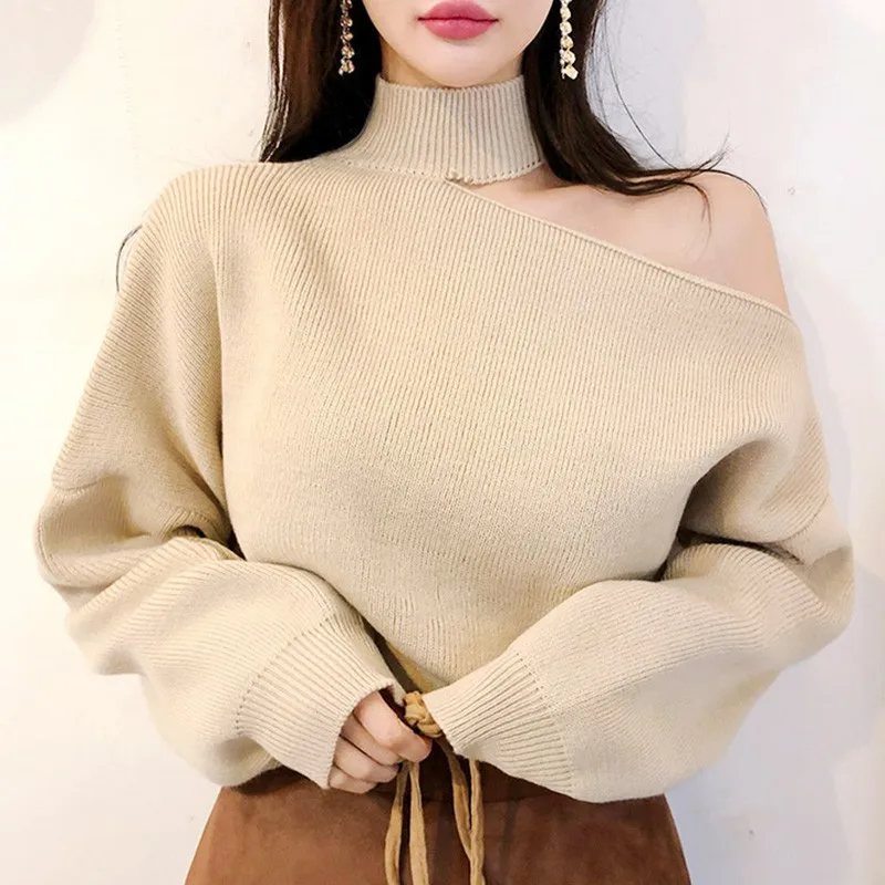 New fashion Female Off-shoulder halter Slim Bottom Sweater Solid Color Loose Split Long-Sleeved Autumn Winter Women