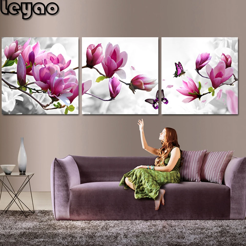 

full square/round drill Triptych 5d diy diamond painting 3 Pieces Purple Pink Tulip Flower Butterflies mosaic embroidery kit