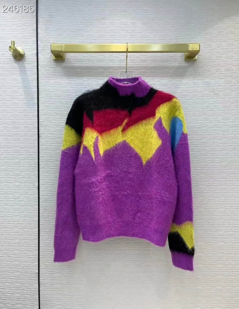 

High Quality Runway Design Sweater Women 2021 Autumn Knitted Color Patchwork Pullover Femme Long Sleeves Sweater