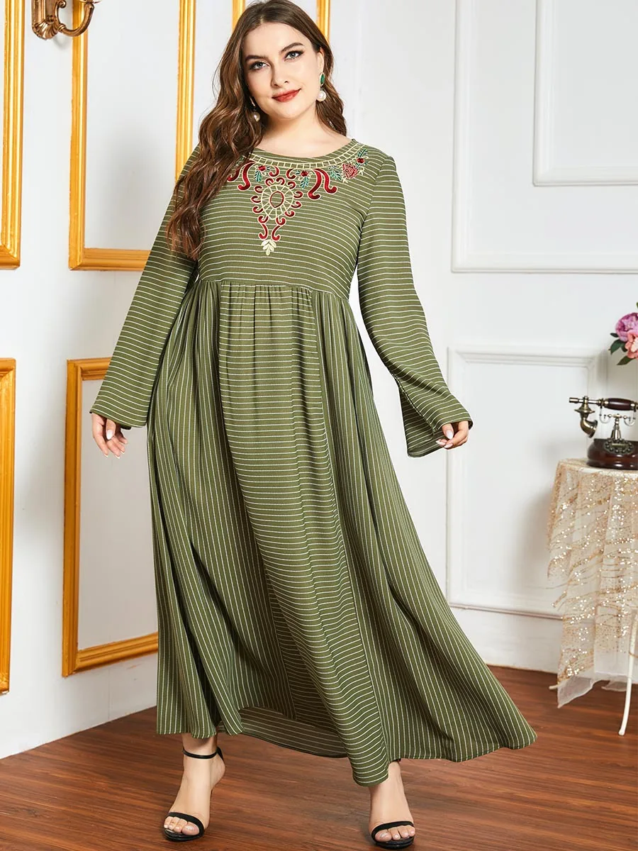 

Middle East Dubai Women's Fashion Stripe Stitching Embroidery Long Sleeve Elegant Casual Big Swing Arabian Dress Muslim Long Ski