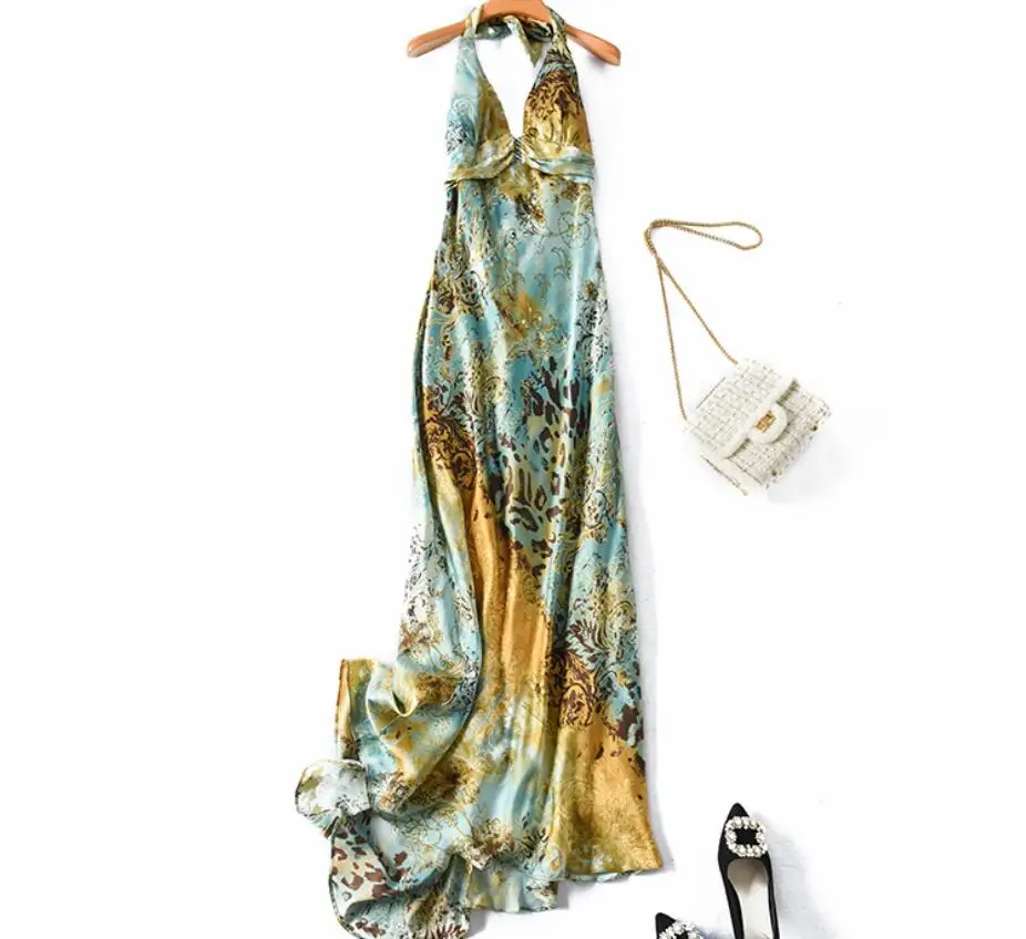 Женское длинное платье из 100% шелка элегантное свободное синее натурального с