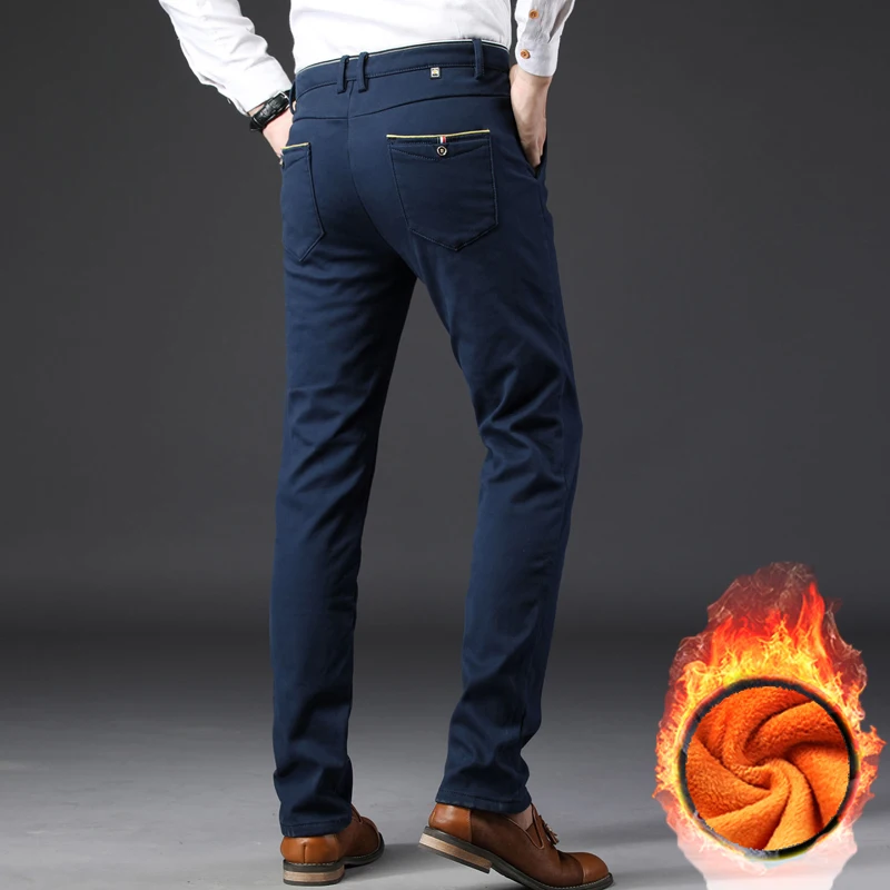 Мужские повседневные брюки с флисовой подкладкой темно-синие однотонные