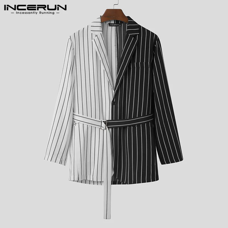 

Man Patchwork Long Sleeve Lapel Suit Men Fashion Striped Blazers INCERUN Casual Pockets Coats With Belts One Button Outwear 5XL
