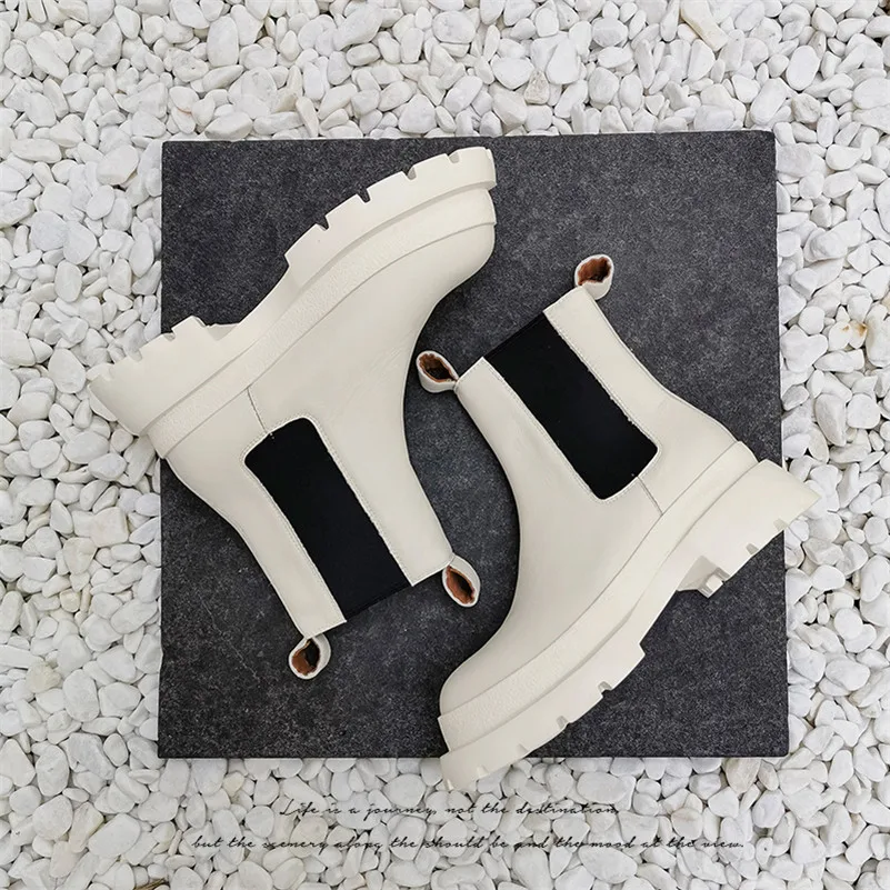 

Meotina Real Leather Platform High Heel Short Boots Women Chelsea Boots Shoes Thick Heels Slip On Ankle Boots Autumn Winter 40
