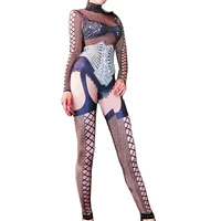 black mesh gauze sexy jumpsuit rhinestones pattern printing bodycon ladies nightclub performance dance costume stage wear lady