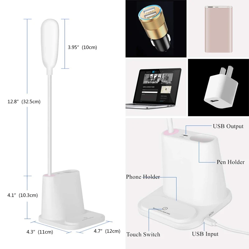 Светодиодная настольная лампа с USB-зарядкой, регулировкой яркости и двумя цветами свечения для чтения, детей, учебы и спальни.