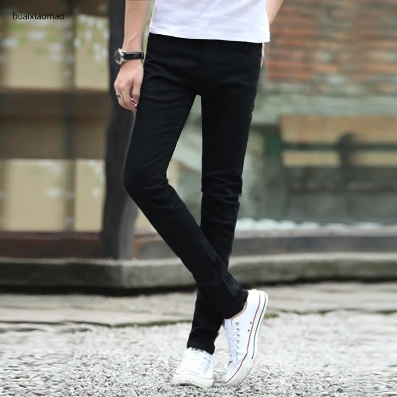 

Men Elastic Force Jeans Man Self-cultivation Bound Feet Leisure Directly Cuffless Trousers Male Trend Black Dirt Proof Jeans