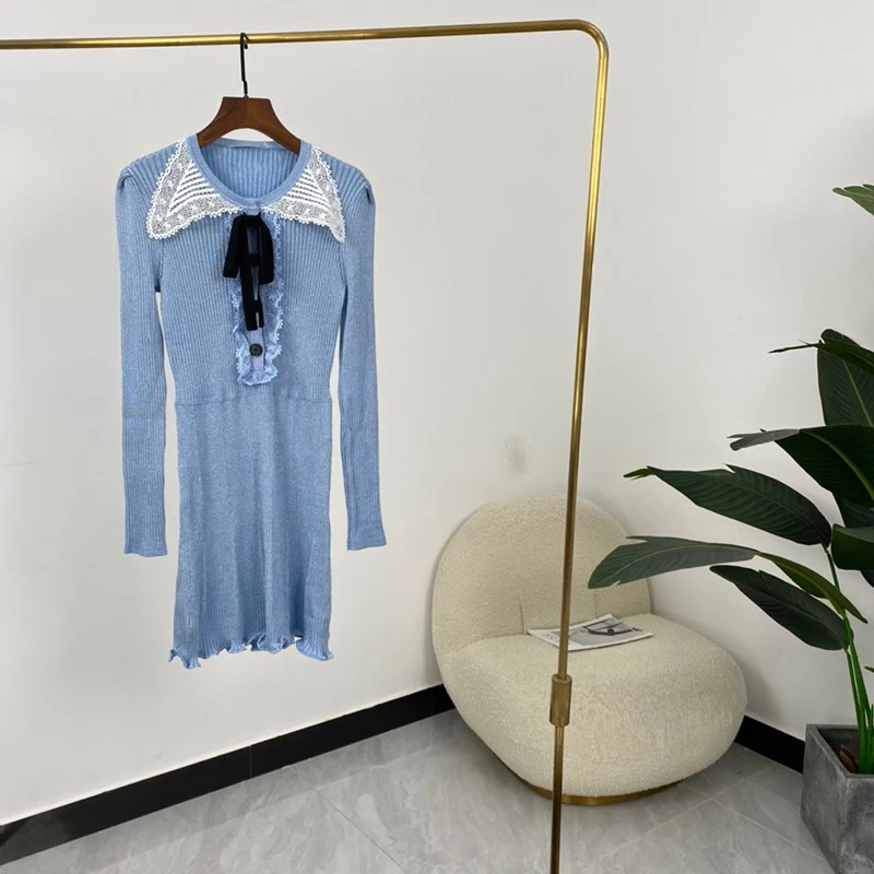 

2021 Autumn Lace White Collar Black Bow Tie Long Sleeve Women Shinning Blue Shinining Ribbed Dresses