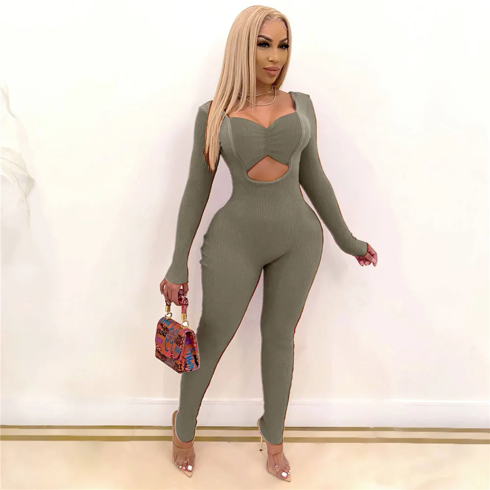 

Hollow Out Plus Size Womens Jumpsuits Solid Color Slim Long Sleeve Jumpsuit for Women Fashion Femme Clothing