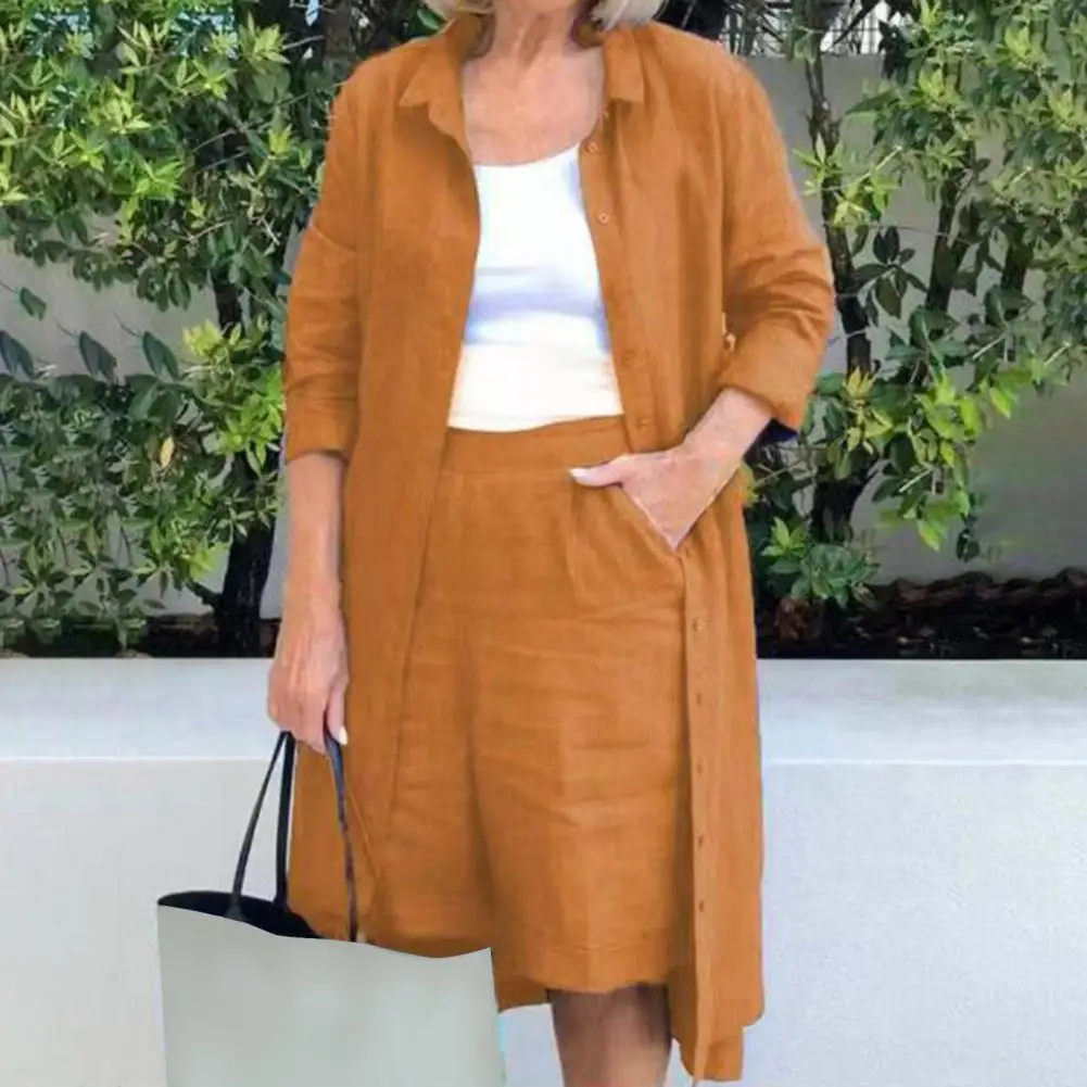 

Comfy Knee Length Shorts Shirt Coat Set Women Outfit Set Knee Length Breathable
