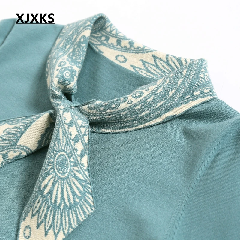 Женский свитер с бантом на воротнике XJXKS вязаный и пуловер 7/10 рукавами джемпер