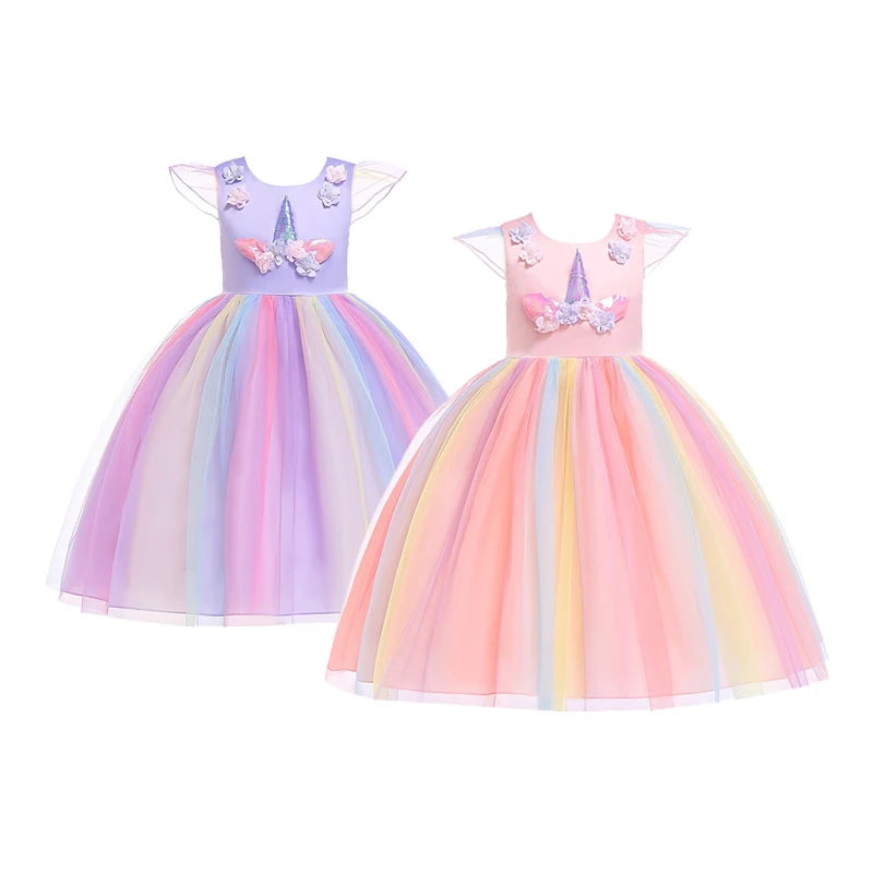

Платье для девочек в виде единорога, летнее Радужное Сетчатое платье без рукавов, костюм на день рождения, рождественское платье принцессы, ...
