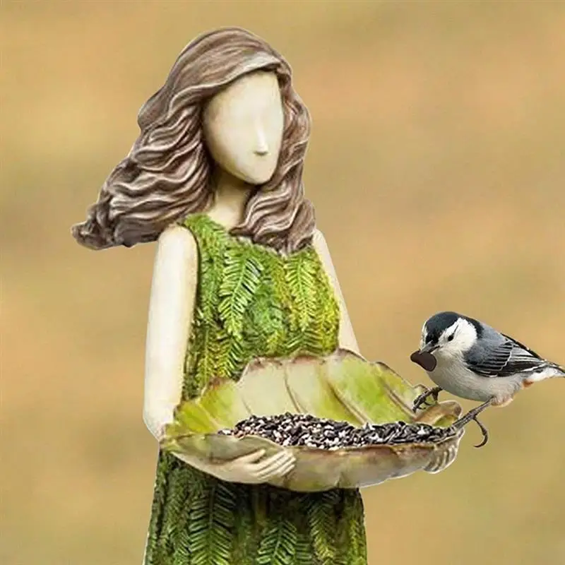 

Fairy Garden Statue with Bird Feeder Lawn Resin Ornaments yard Garden Art Sculptures for Garden Decoration Outdoor