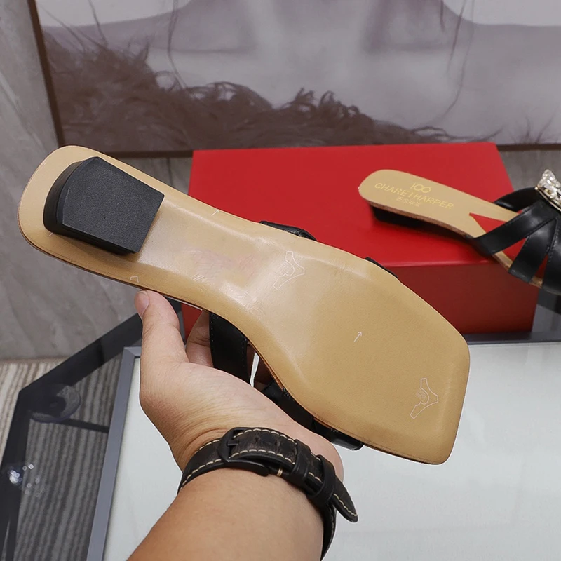 

Italian lvrvbv women's shoes, crystal diamond square button slippers, fashionable beach shoes, home summer sandals, versatile