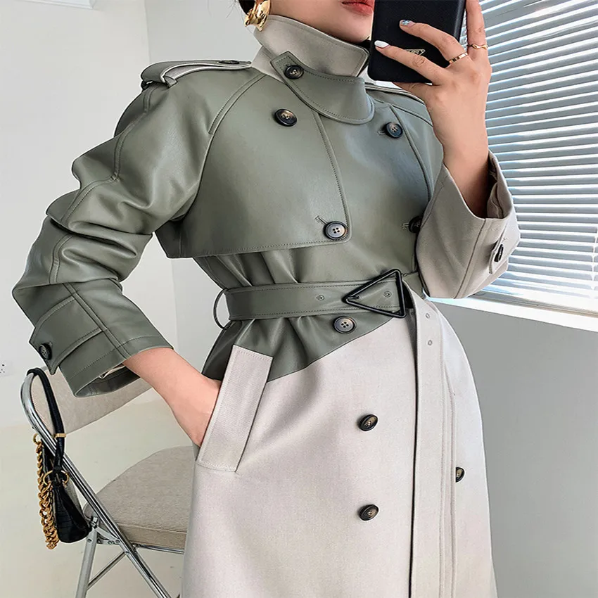 

Fashionable retro women pu leather motorcycle trench coat double-breasted hit color stitching belt waist long overcoat