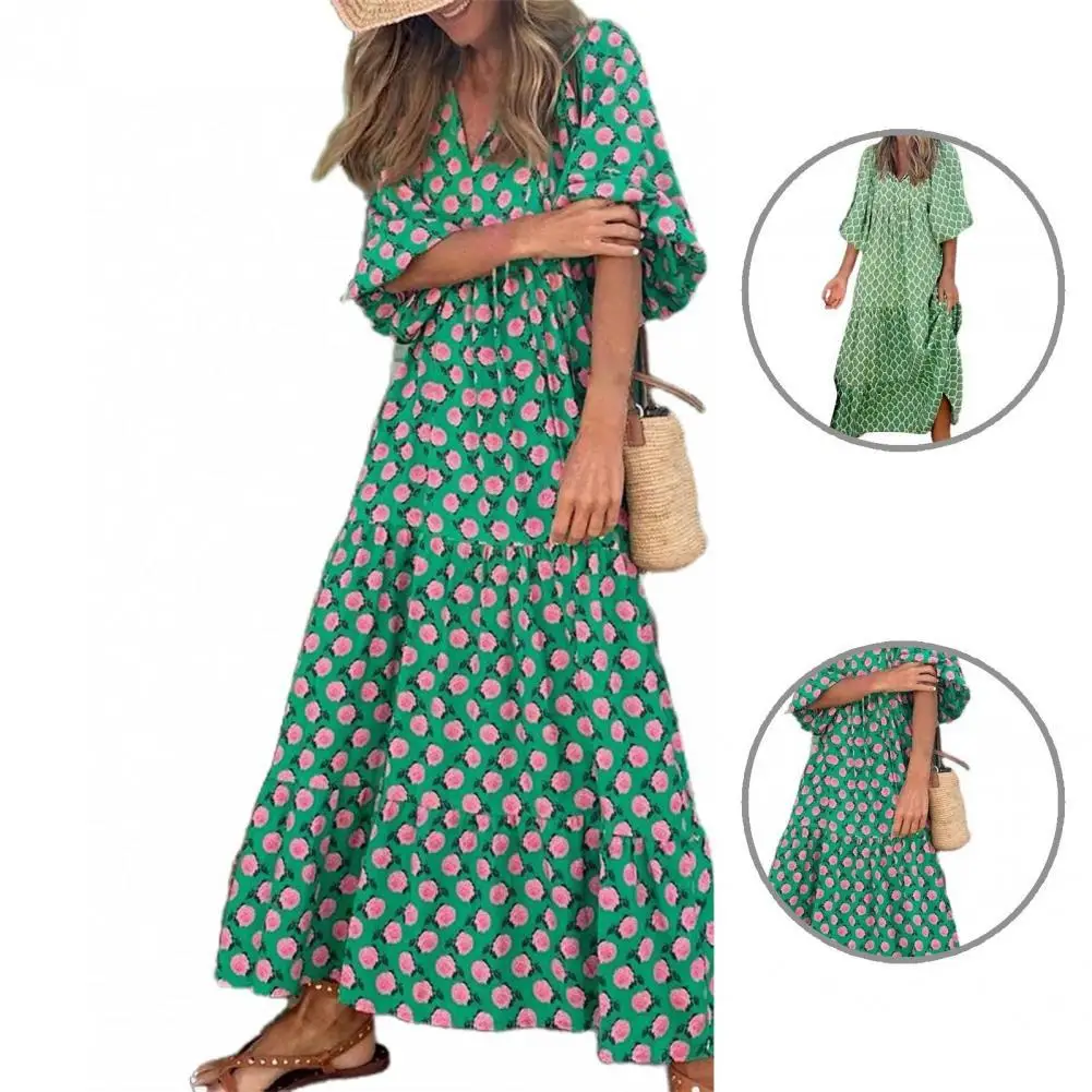 

Lantern Sleeve Stylish Ankle-length Loose Printing Dress Lady Ladies Dress Half Sleeve for Daily Life