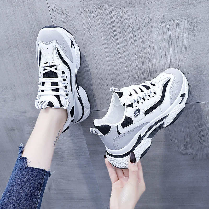 

New Women Casual Sport Shoes Trend Breathable Air Mesh Leather Patchwork Girl Thick-soled Sneakers Fashion Trainers 2 Colors