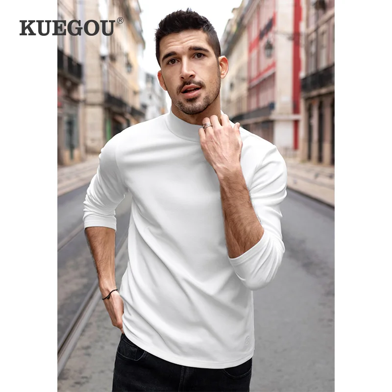 

KUEGOU Autumn Men T-shirt Long Sleeve Fashion Extend Semi-high Collar Solid Slim Warm Dralon Elastic Top Quality Plus Size 88080