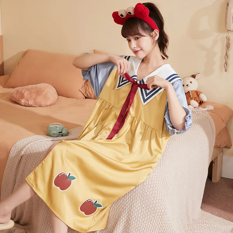 

Women Night Dresses Satin Silk Sleeping Nightwear Sexy Summer Short Sleeved Cardigan Long Nightgown Women's Pajamas Sleepwear