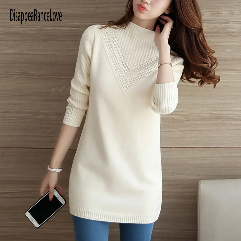 2021 NEW female sweater outerwear medium-long basic pullovers office lady thickening solid color turtleneck Sweater | Женская одежда