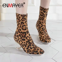 enmayer 2020 sexy winter boots women zip basic round heels leopard print round toe flock ankle boots for women size 34 43