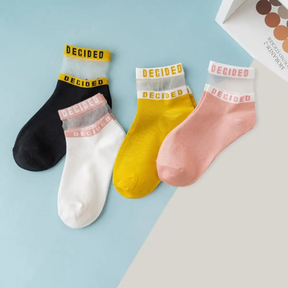 

2 Pairs Women Socks Cotton Breathable Mesh Sweat Absorbent Letter Summer Ankle Socks Letter Design Breathable Woman Socks