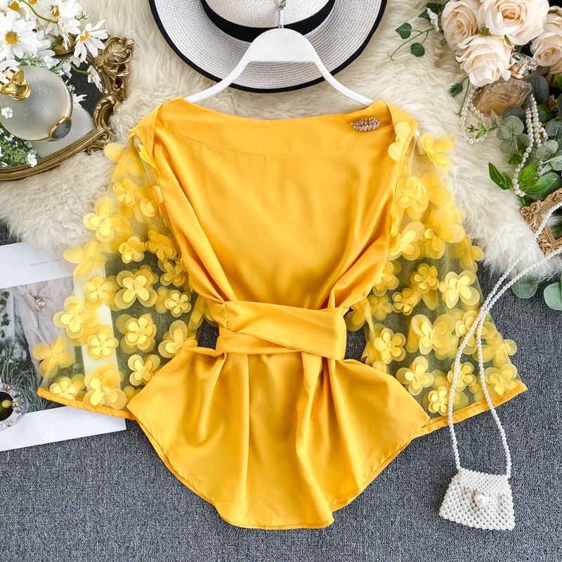 

Spring Summer 2021 New Slim Waist Lace Up Blouse O Neck Patchwork Mesh Flowers Flare Sleeve Appliques Blusas Elegant Shirt