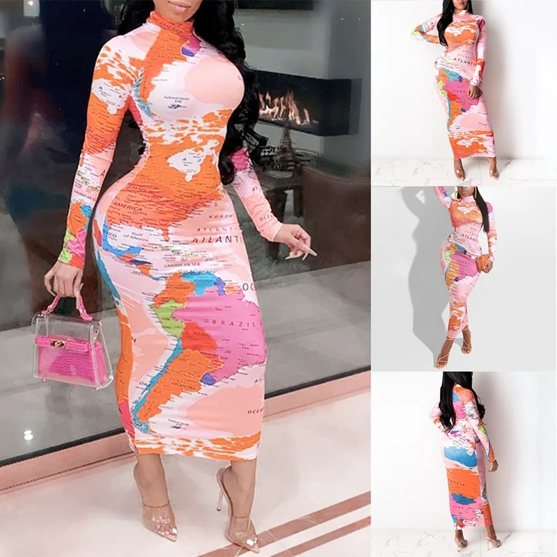 Карта Chic печати женские облегающие сексуальные узкие вечернее платье с длинным
