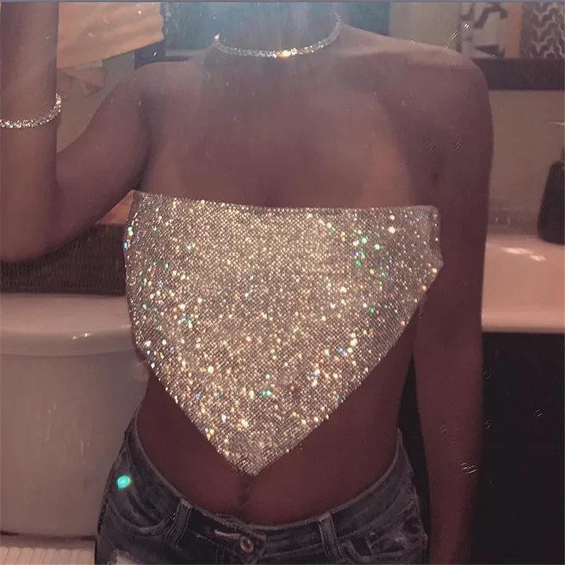 

Sexy Women Silver Sequined Tops Crystal Diamonds Party Club Metal Strapless Rhinestone Summer Crop Top