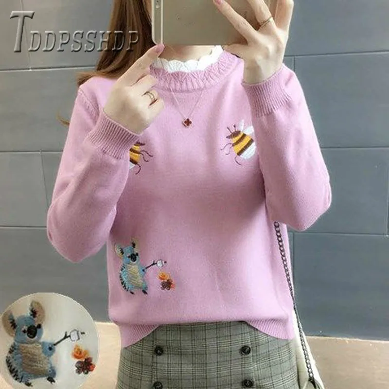 Женский вязаный свитер с вышивкой пчелы зимние пуловеры длинным рукавом