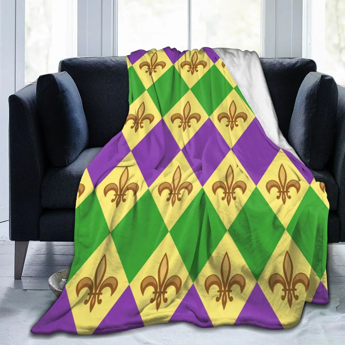 

Soft Warm Fleece Blanket Mardi Gras Fleur De Liz Winter Sofa Plaid Throw 3 Size Light Thin Mechanical Wash Flannel Blankets