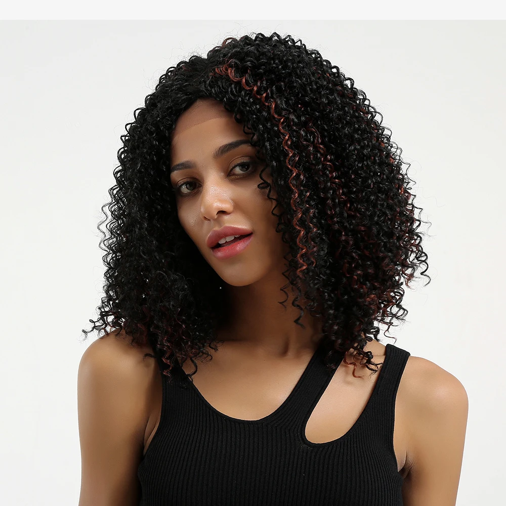 

LOUIS FERRE Jerry Curly Short Bob Lace Front Wig Black Red Mix Synthetic Wig for Women Afro Glueless Deep Wave Frontal Wig Remy