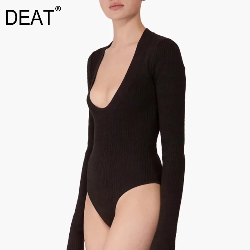 Женский трикотажный пуловер DEAT вязаный с глубоким низким бюстом и длинными