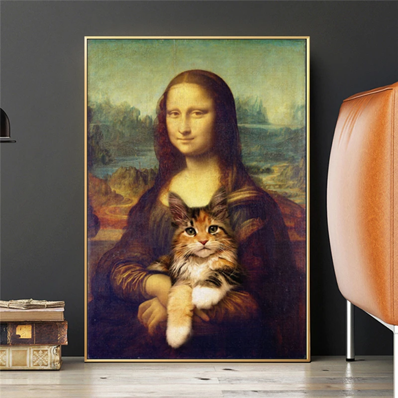 

Mona Lisa Hold The Cat Funny Art Decoration Posters And Prints Living Room Wall Art Da Vinci Famous Pictures On Canvas Painting