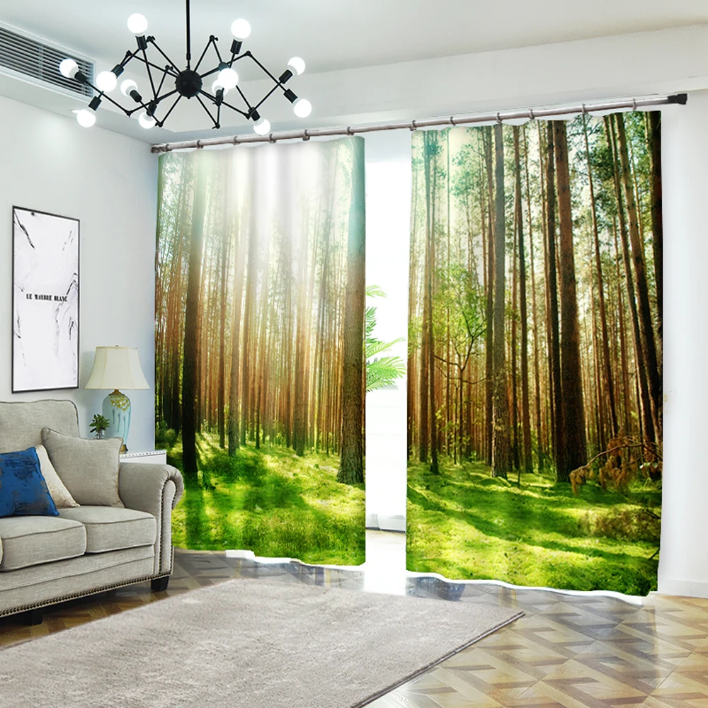 

Perforated Hook 3D Blackout Curtains Buff Forest Grassland Sunshine Custom Full Sunscreen Windows Bedroom Living Room Decoration