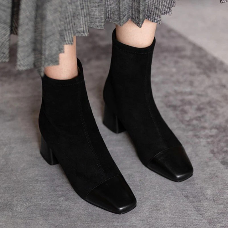 

2021 Winter Designer Women Square Toe Sock Boots 5cm High Heels Stretch Fabric Ankle Boots Female knitting Boots Plus Size Shoes