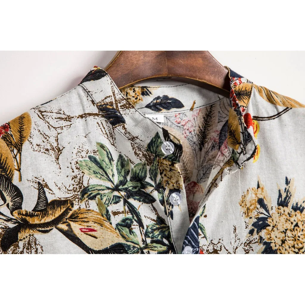 KLV Модные мужские блузки 2020 льняная туника Мужская этническая с коротким рукавом Повседневная хлопковая