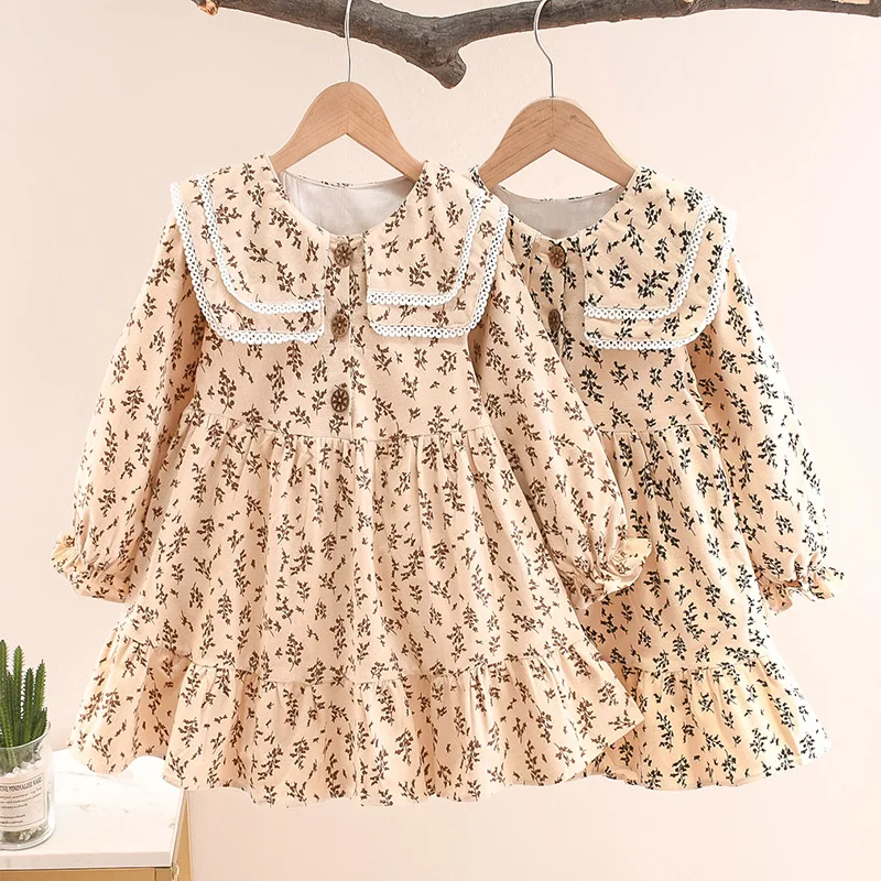 

New Arrived Autumn Winter Padded Kids Dress For Girls Teenager Floral Large Lapel College Style Princess Dress