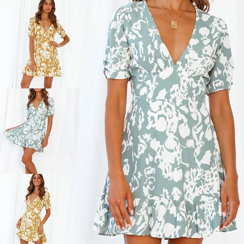 

Women V Neck Casual Beach Holiday Midi Sundress Short Sleeve High Waist Printing Summer Dress