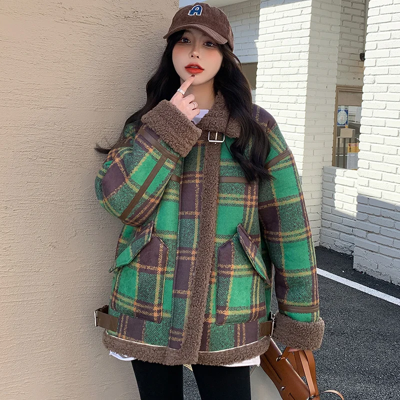 

Fleece Lining Thick Plaid Jacket For Women Autumn Winter Long Sleeve Loose Woolly Coat Lady Chic High Street Warm Outwear