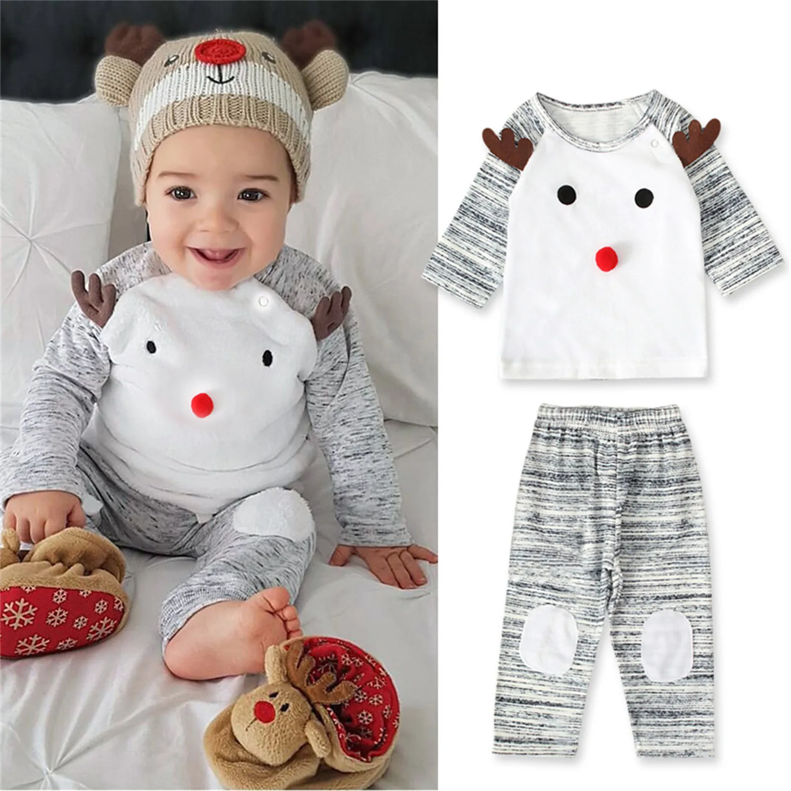 

Женский костюм, футболка с оленем для маленьких девочек и мальчиков, полосатые брюки, Рождественская одежда, комплект одежды, детская одежд...