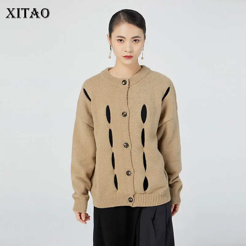 

XITAO Solid Color Hollow Out Single Breasted O-neck Cardigan 2021 Autumn New Arrival Casual Fashion Show Thin All Match ZY6603