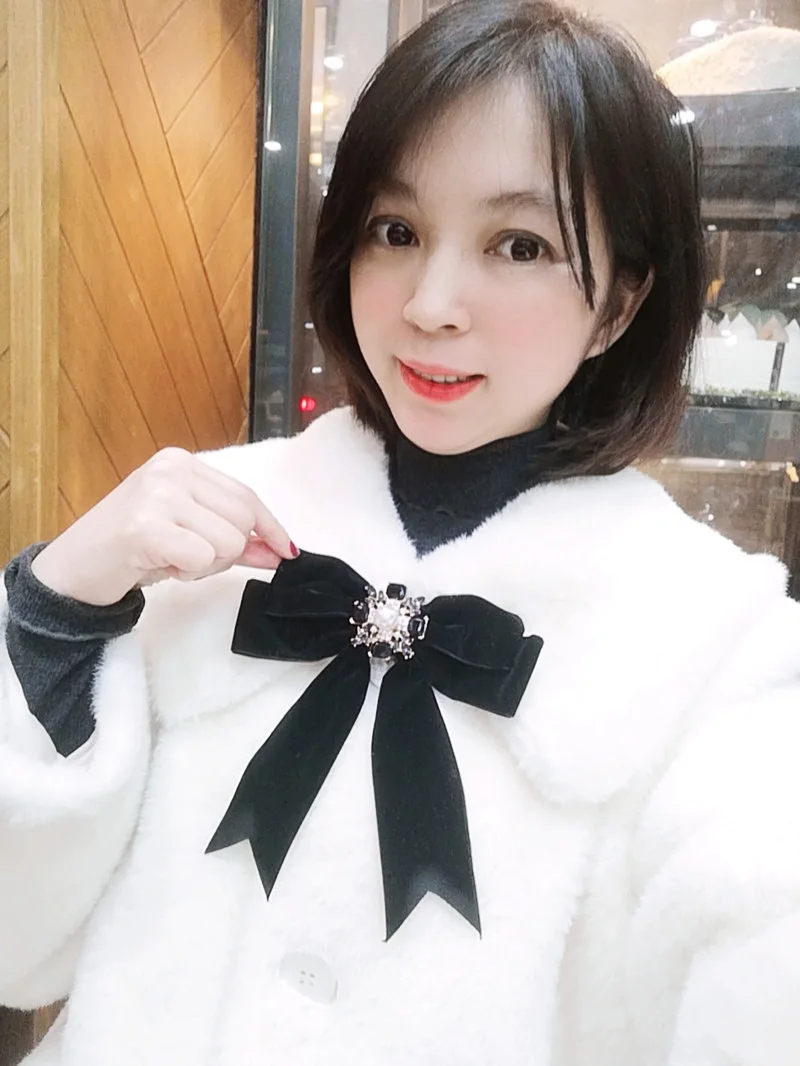 Ретро черная бархатная брошь в форме банта Корейская Хрустальная рубашка с