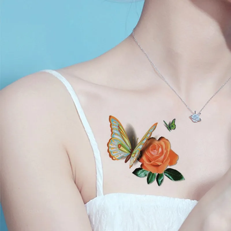 Временные татуировки стикер для женский боди арт 3D бабочка роза цветок перо