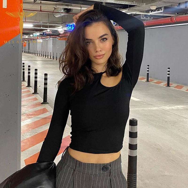 

Round Neck Long Sleeve Basic Women T-Shirt Hollow Strapless Black Skinny Crop Top High Street Base Tee-Shirt Femme Ropa De Mujer