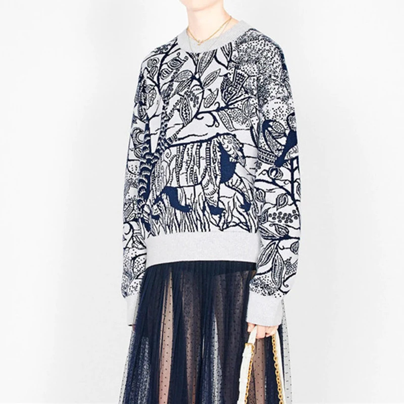 Женский жаккардовый свитер винтажный пуловер с круглым вырезом и изображением