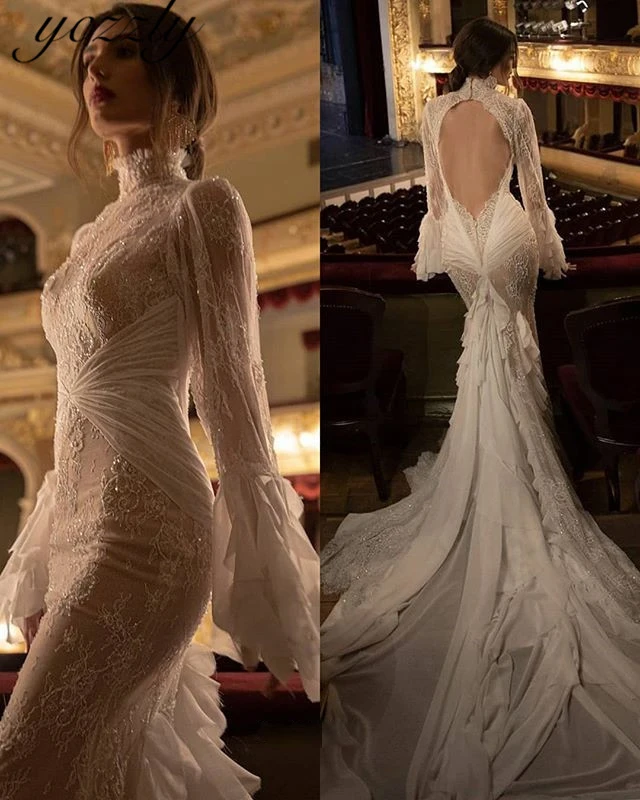 

Elegant High Neck Mermaid Wedding Dresses With Flare Sleeves Long Open Back Lace Crystal Wedding Gowns Plus Size Trouwjurk W235