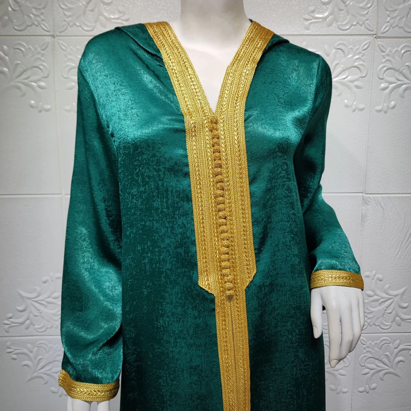

Ramadan Eid 2021 Women Jellaba Dubai Hooded Abaya Loose Maxi Dress Jalabiya Muslim Long Sleeve Braid Trim Party Gown Morocco