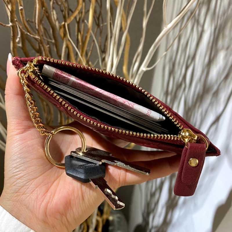 

2021 SS New 100% Genuine Sheep Skin Embroidery Plaid Zipper Purse Card Wallets Fashion Designer Brand Slim Coin Purses